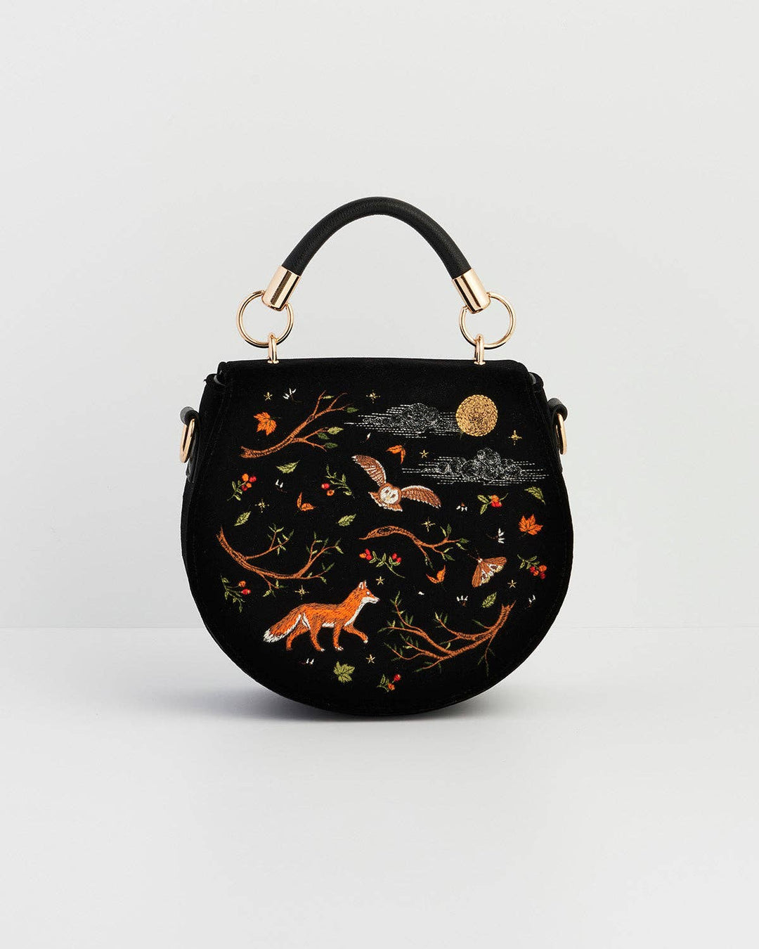 Fox &amp; Owl Embroidered Black Top Handle Saddle Bag