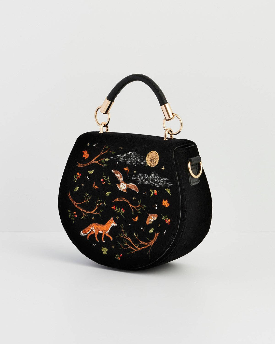 Fox &amp; Owl Embroidered Black Top Handle Saddle Bag