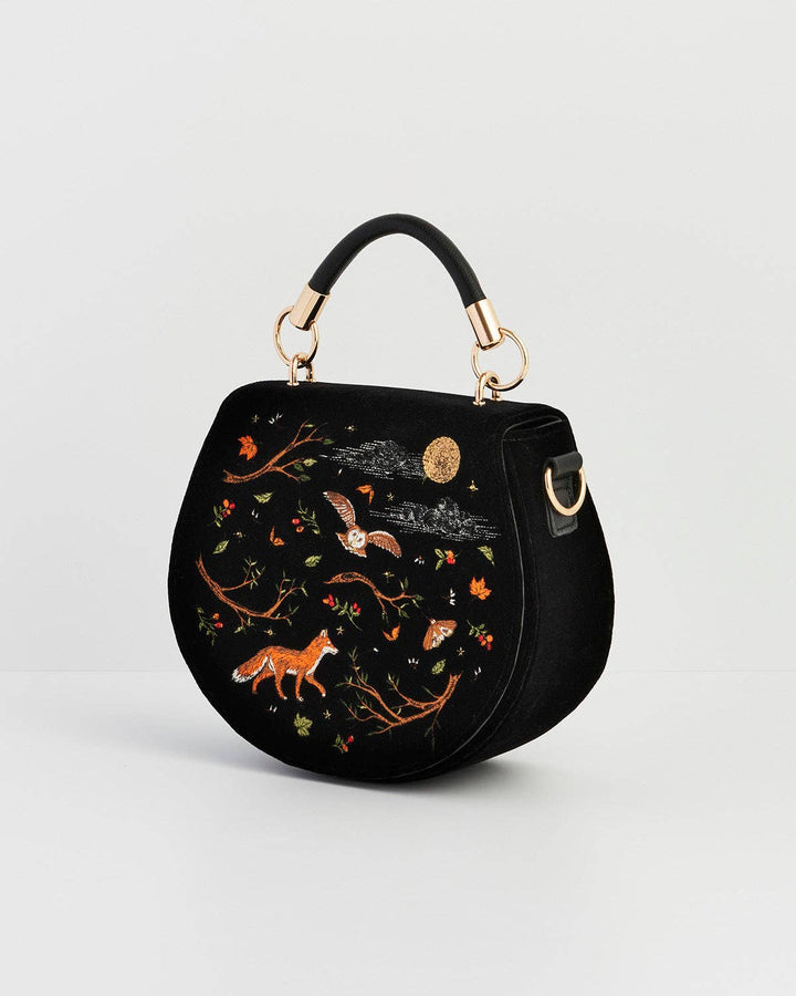 Fox &amp; Owl Embroidered Black Top Handle Saddle Bag