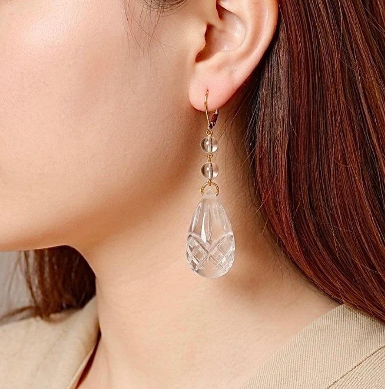 Etched Teardrop Earrings Vintage Clear