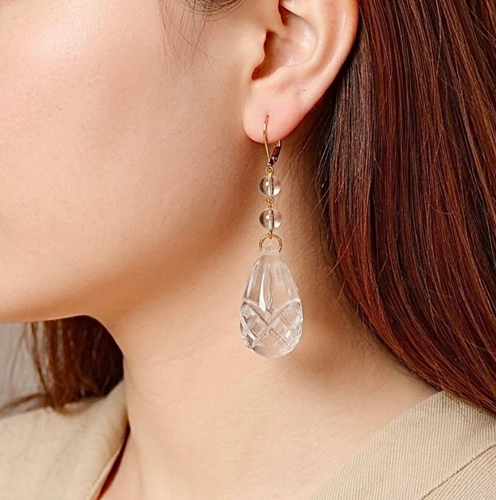 Etched Teardrop Earrings Vintage Clear