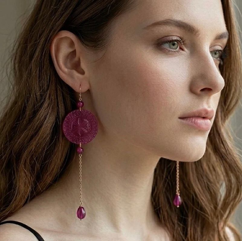 Long String Disc Earrings Deep Purple
