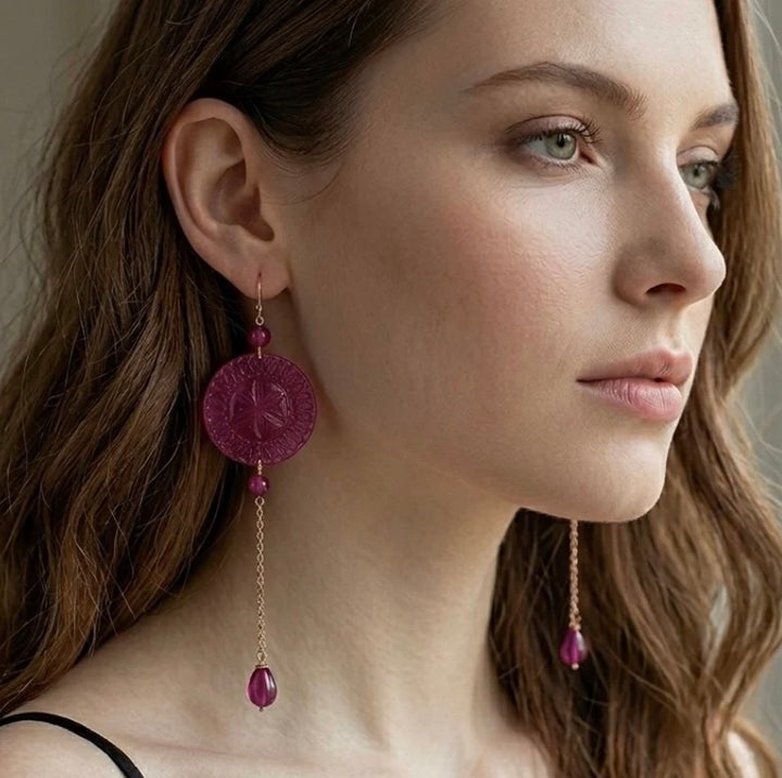 Long String Disc Earrings Deep Purple