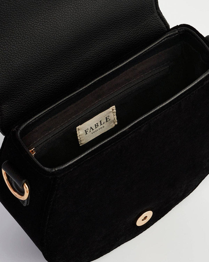 Fox &amp; Owl Embroidered Black Top Handle Saddle Bag