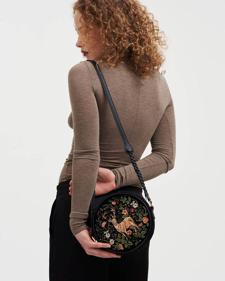 Aurora Fawn Embroidered Black Circle Bag