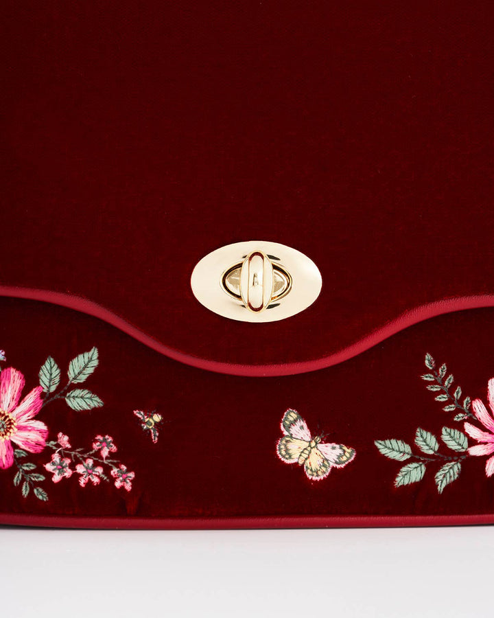Floral Bloom Red Velvet Embroidered Crossbody