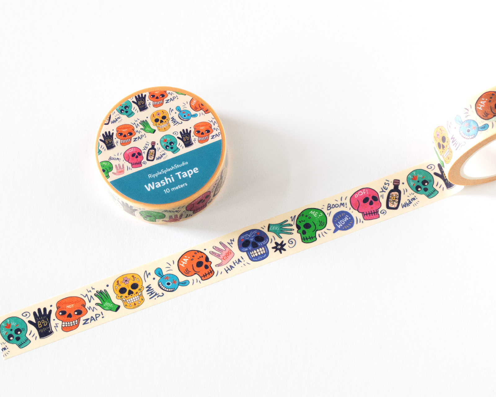 Colorful washi tape with skull designs on a white background
