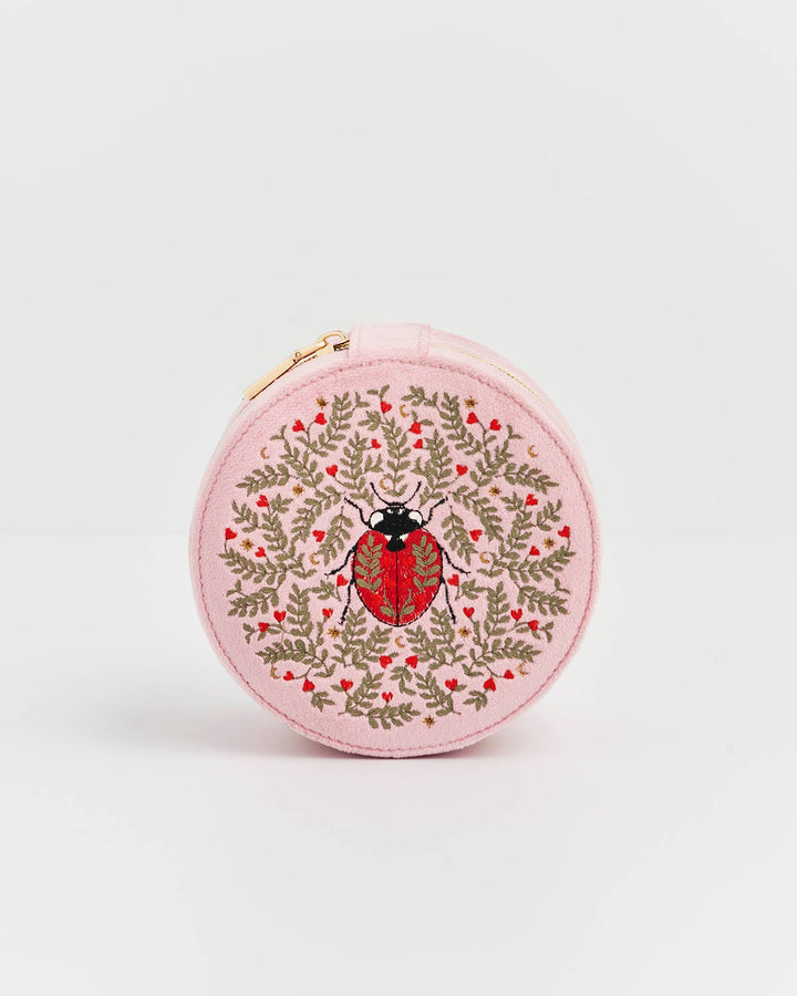 Ladybug Pink Velvet Embroidered Circle Jewellery Box