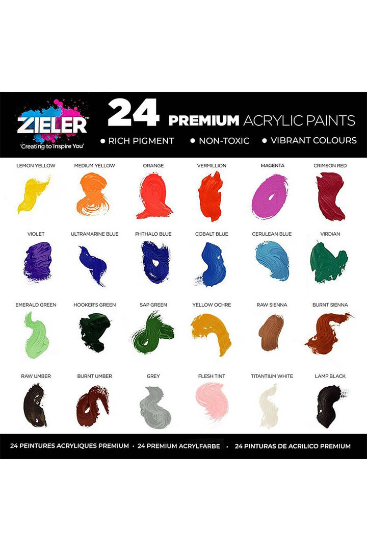 Zieler Premium Acrylic Paint Set, 24 High Pigment Colors