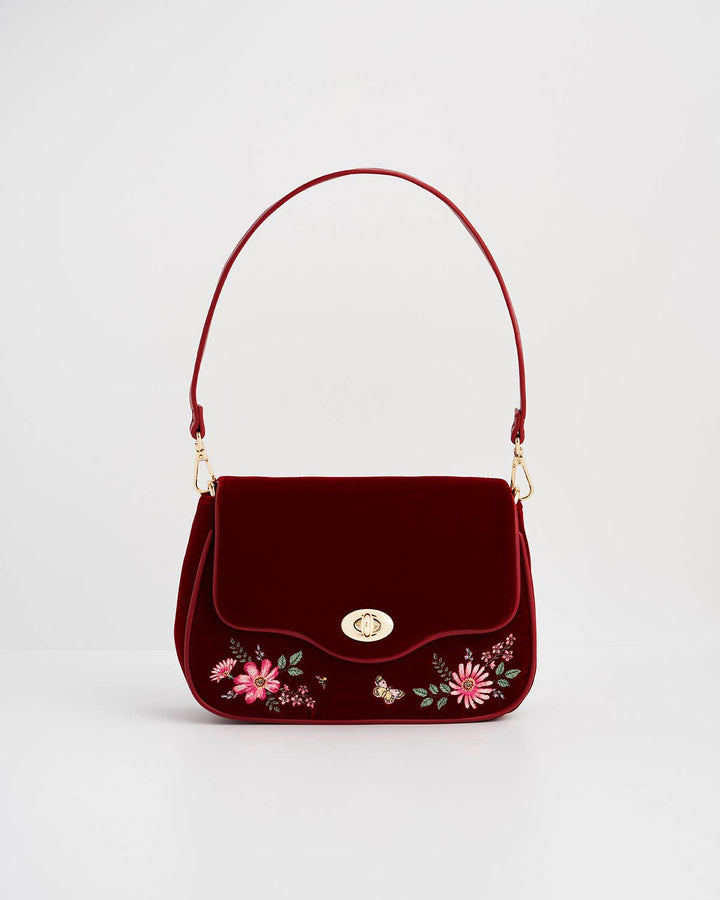 Floral Bloom Red Velvet Embroidered Crossbody