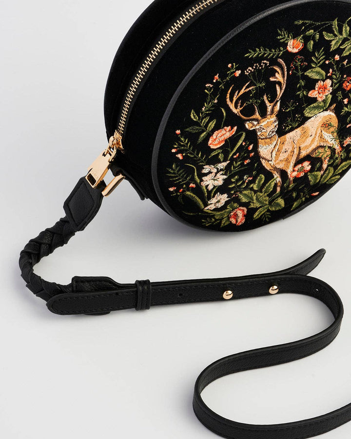 Aurora Fawn Embroidered Black Circle Bag