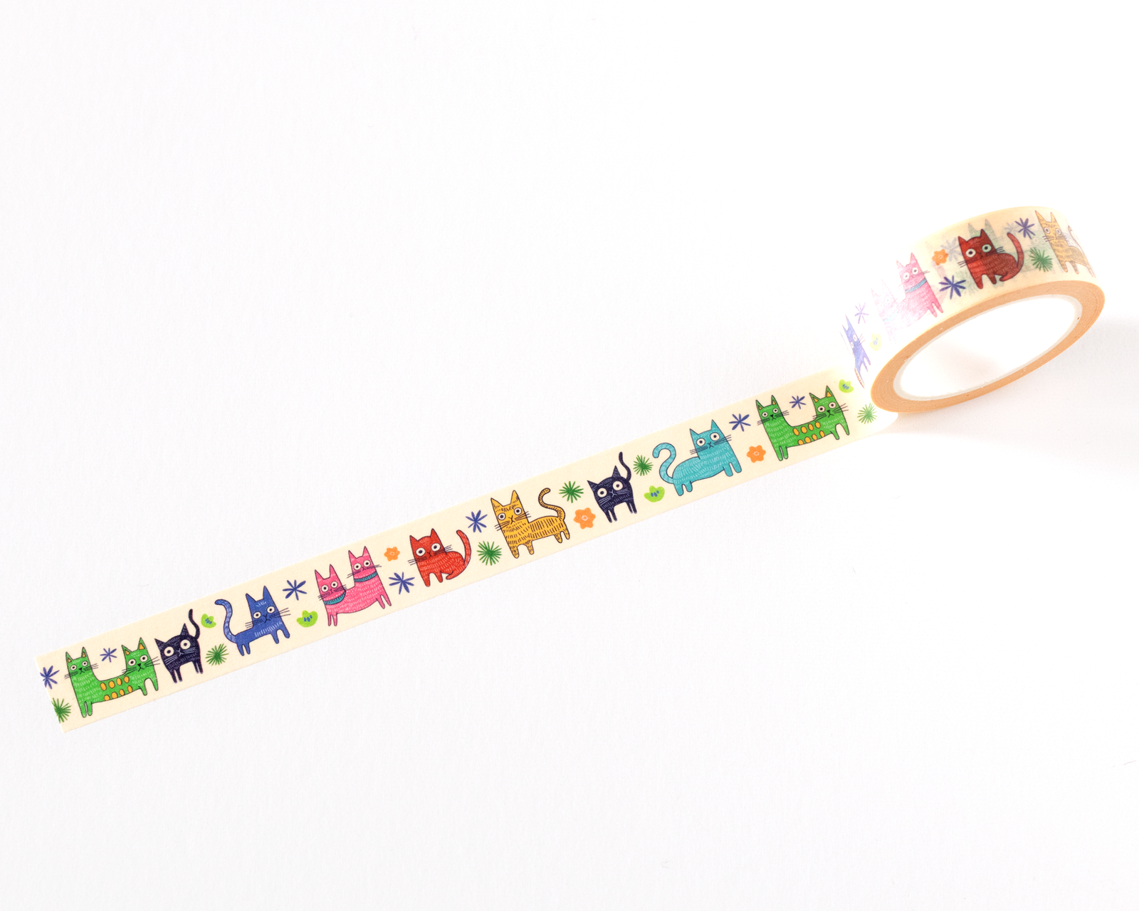 Decorative tape with colorful cat illustrations on a white background