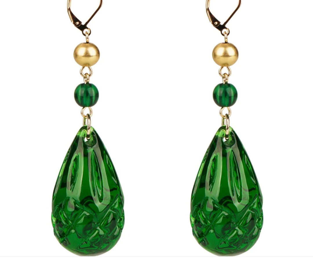 Etched Teardrop Earrings Emerald Green