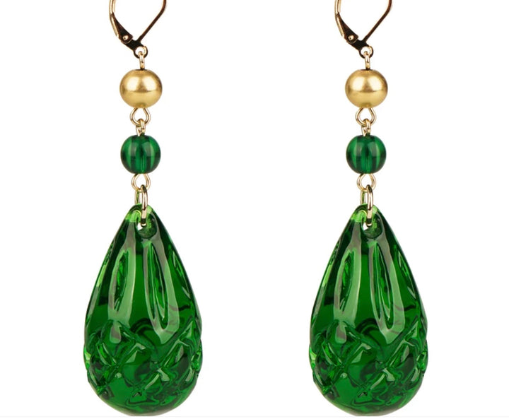 Etched Teardrop Earrings Emerald Green