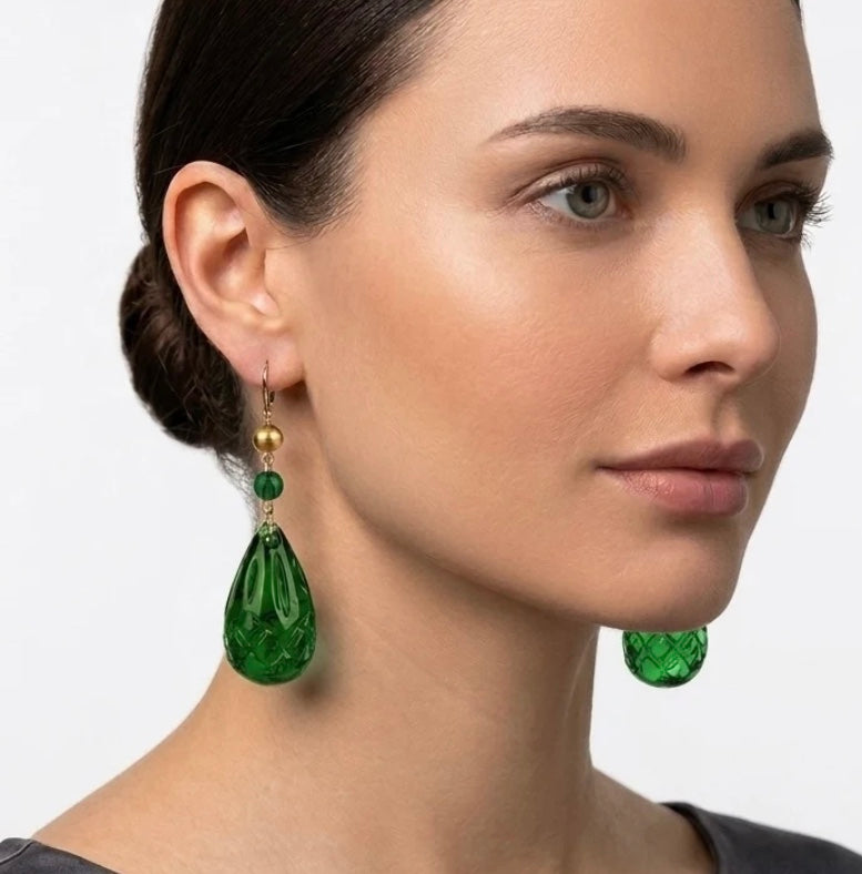 Etched Teardrop Earrings Emerald Green