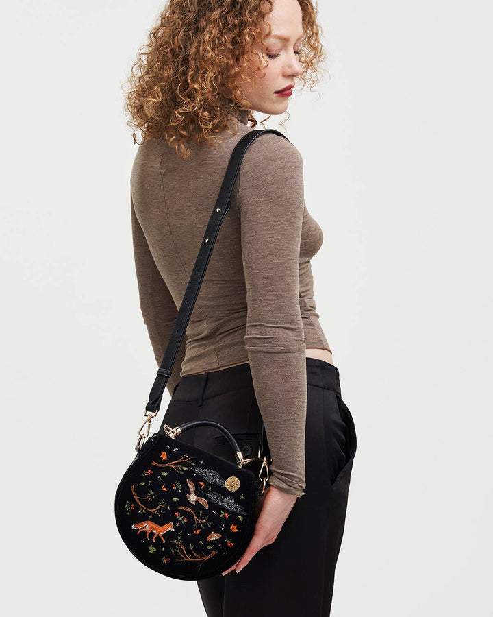 Fox &amp; Owl Embroidered Black Top Handle Saddle Bag