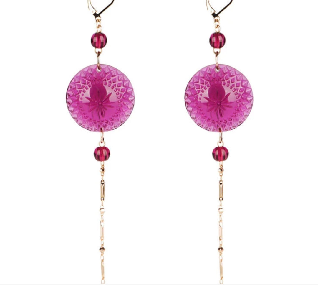 Long String Disc Earrings Deep Purple
