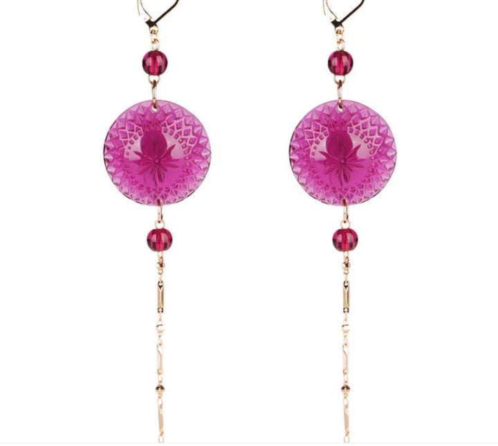 Long String Disc Earrings Deep Purple