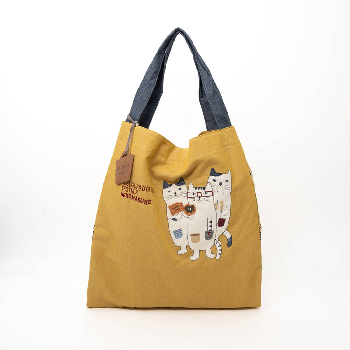 Kusuguru Japan Three Cats Tote Bag -Yellow
