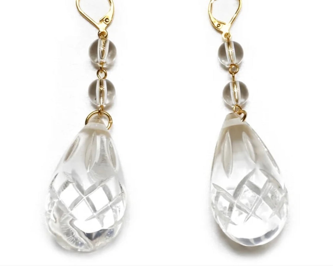 Etched Teardrop Earrings Vintage Clear