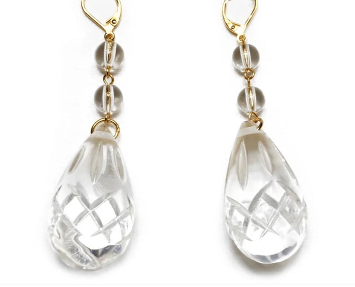 Etched Teardrop Earrings Vintage Clear