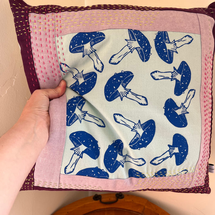 Mushrooms Kantha Style Throw Pillow