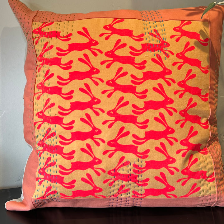 Silly Bunnies Kantha Style Throw Pillow