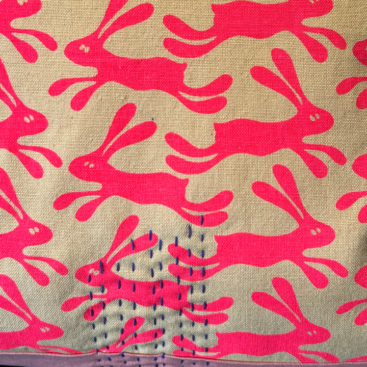 Silly Bunnies Kantha Style Throw Pillow