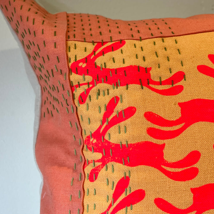 Silly Bunnies Kantha Style Throw Pillow