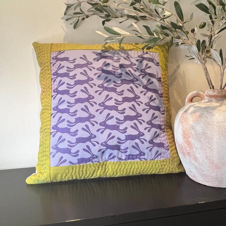 Silly Bunnies Kantha Style Throw Pillow