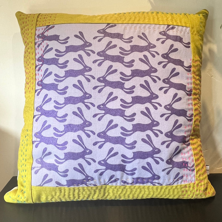 Silly Bunnies Kantha Style Throw Pillow