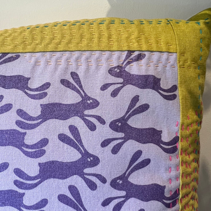 Silly Bunnies Kantha Style Throw Pillow