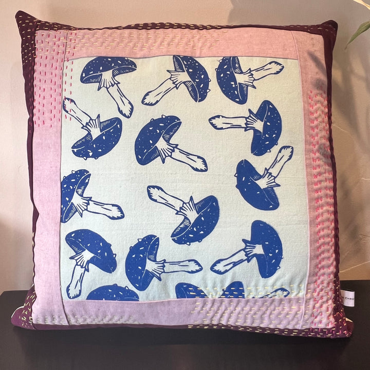 Mushrooms Kantha Style Throw Pillow