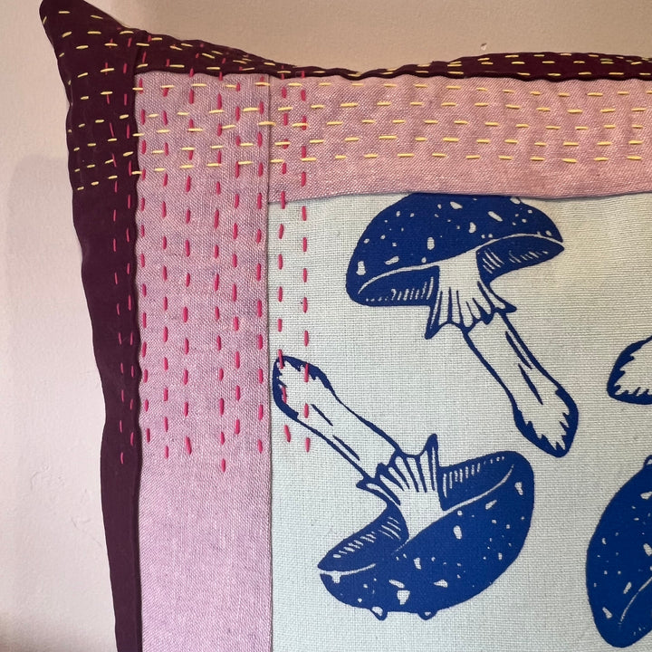 Mushrooms Kantha Style Throw Pillow