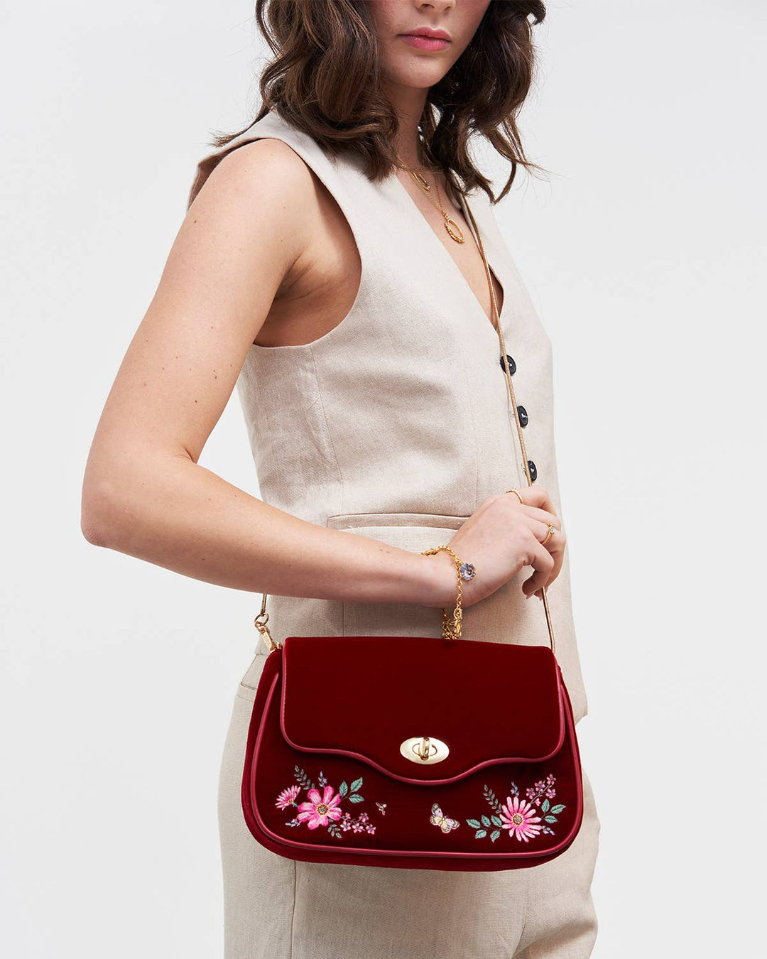 Floral Bloom Red Velvet Embroidered Crossbody