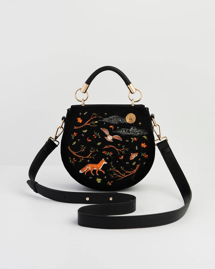 Fox &amp; Owl Embroidered Black Top Handle Saddle Bag