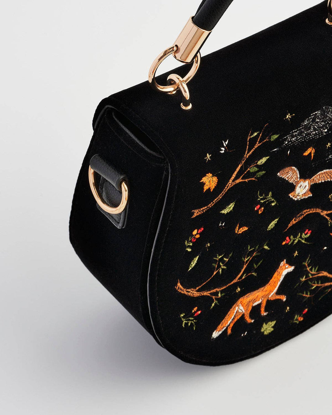Fox &amp; Owl Embroidered Black Top Handle Saddle Bag