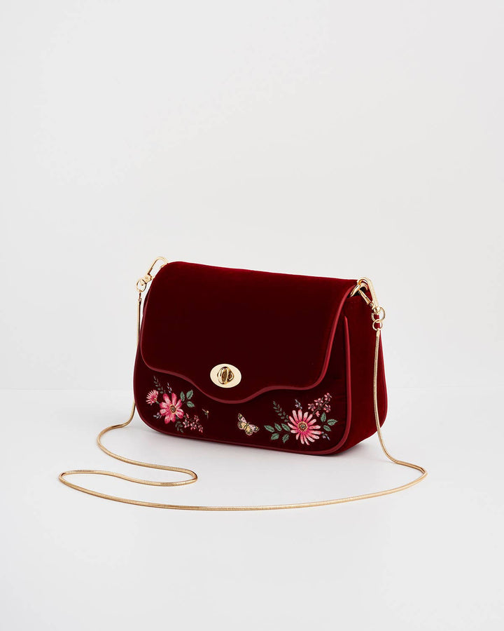Floral Bloom Red Velvet Embroidered Crossbody