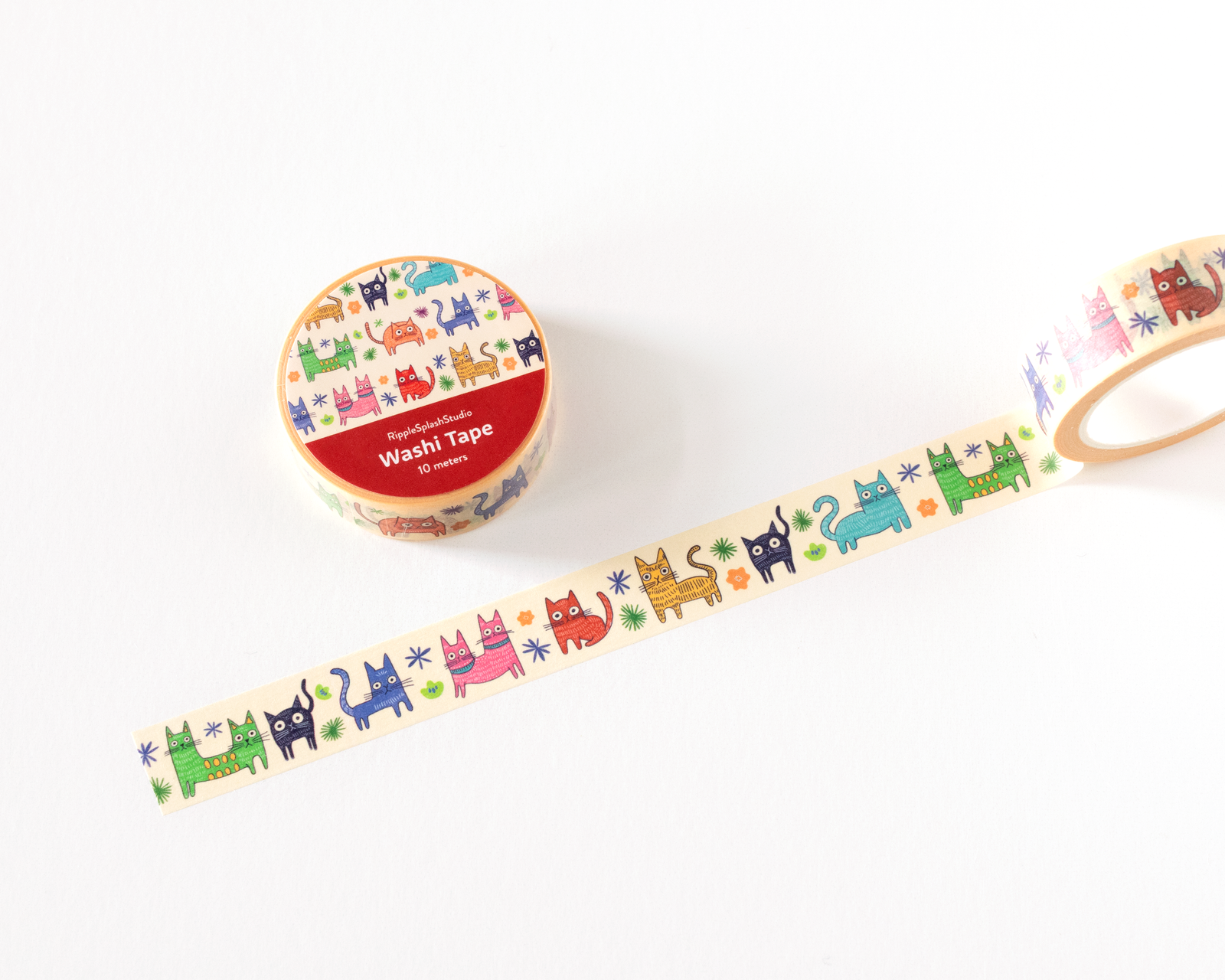 Washi tape with cat designs and a roll of tape on a white background