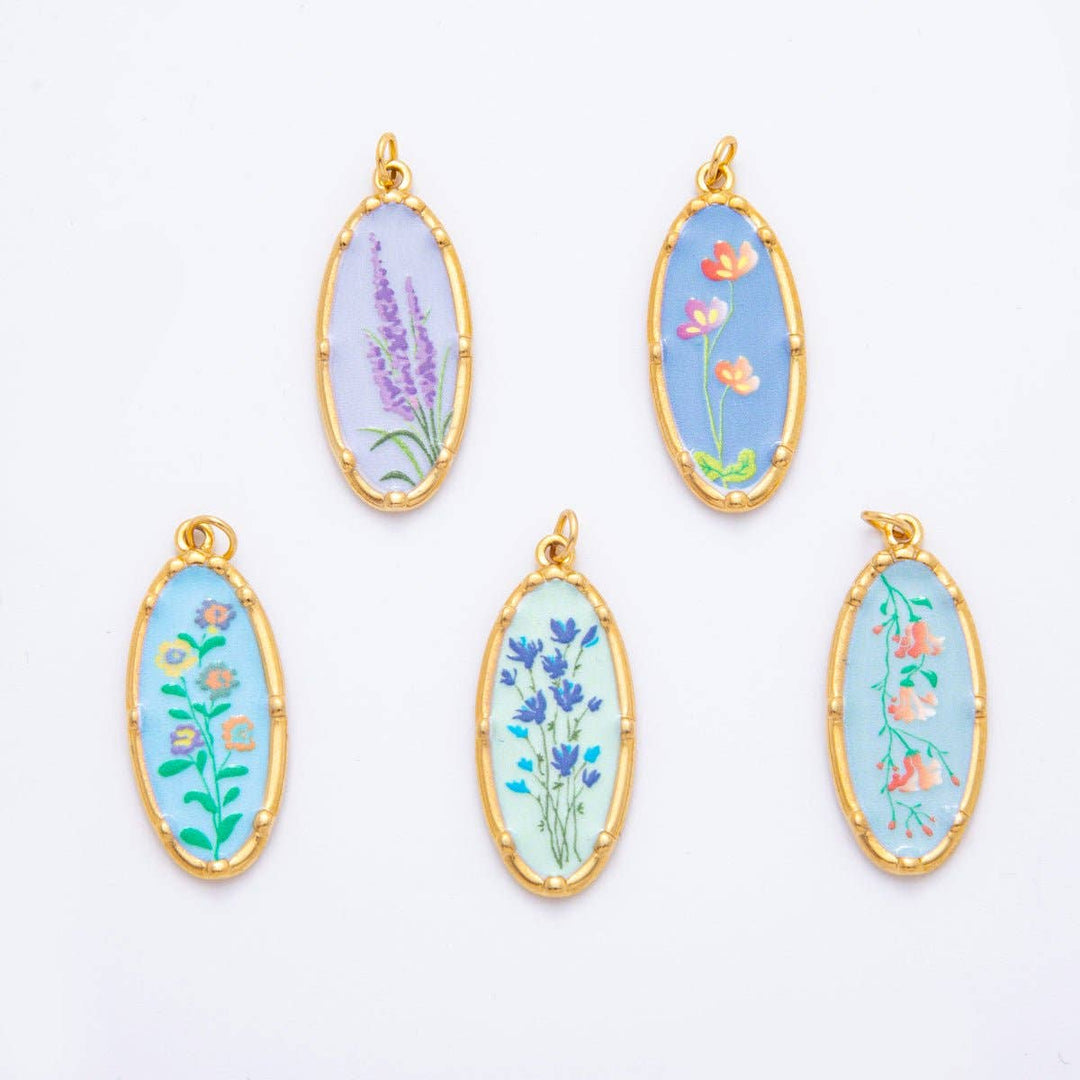 Hand-Painted Enamel Oval Wildflower Charm