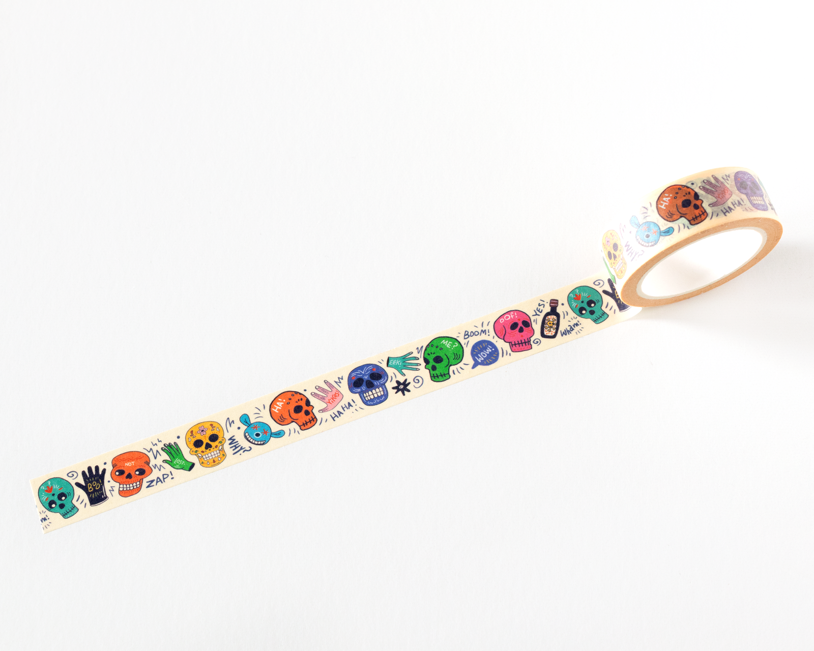 Decorative tape with colorful skull designs on a white background