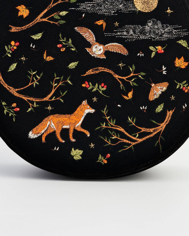 Fox &amp; Owl Embroidered Black Top Handle Saddle Bag